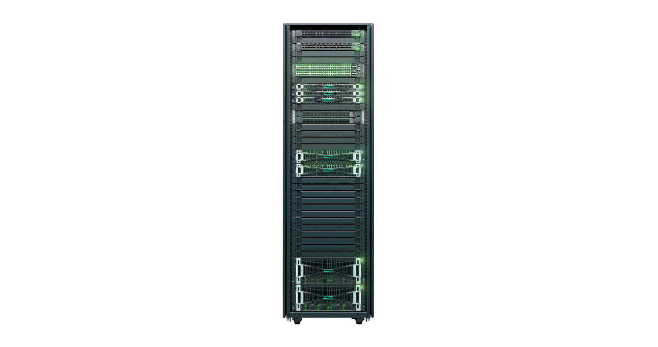Rack HPE Private Cloud AI en configuración air-gapped, con equipos de cómputo, almacenamiento y red