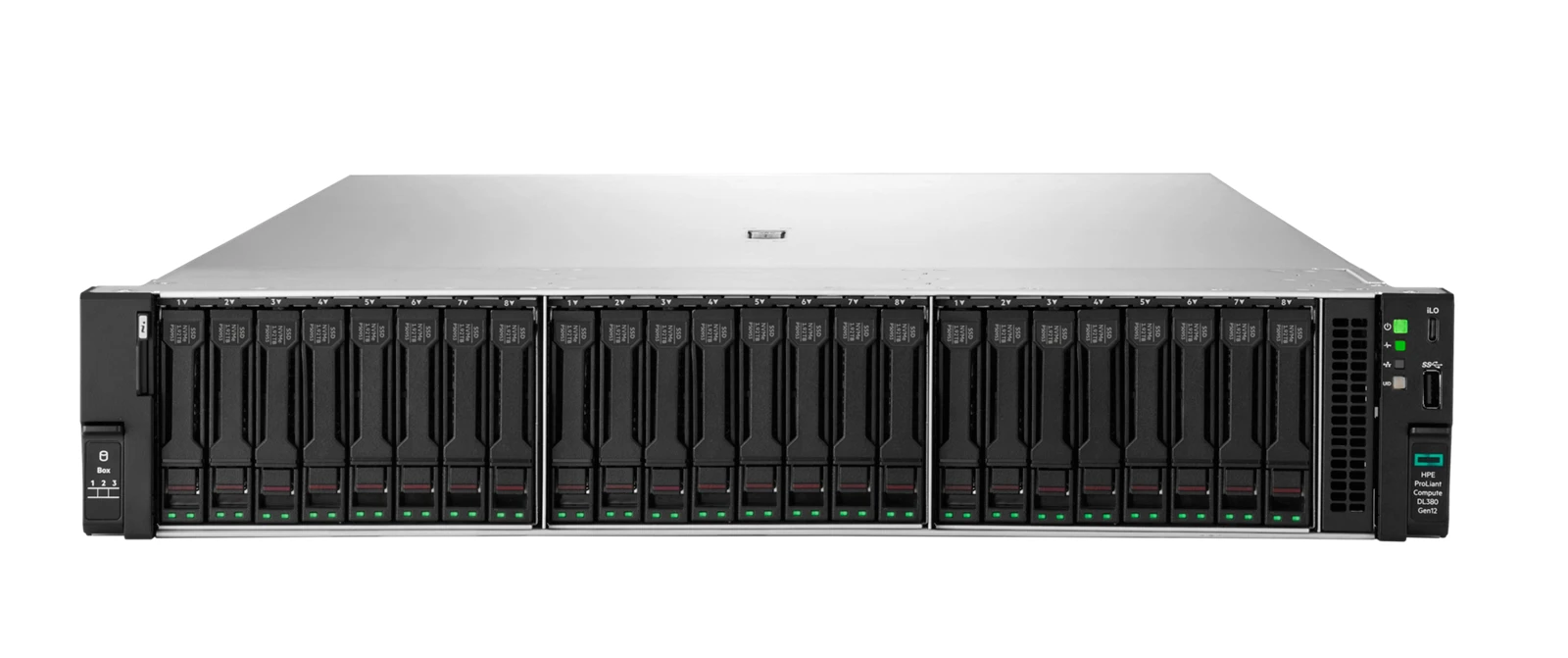 Servidor HPE ProLiant Compute DL380 Gen12 de rack, vista frontal con 24 bahías SFF