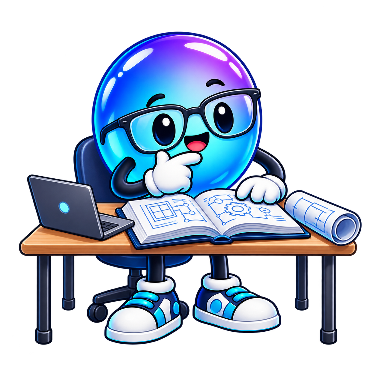 La mascota de Abarco estudia un libro y revisa un proyecto